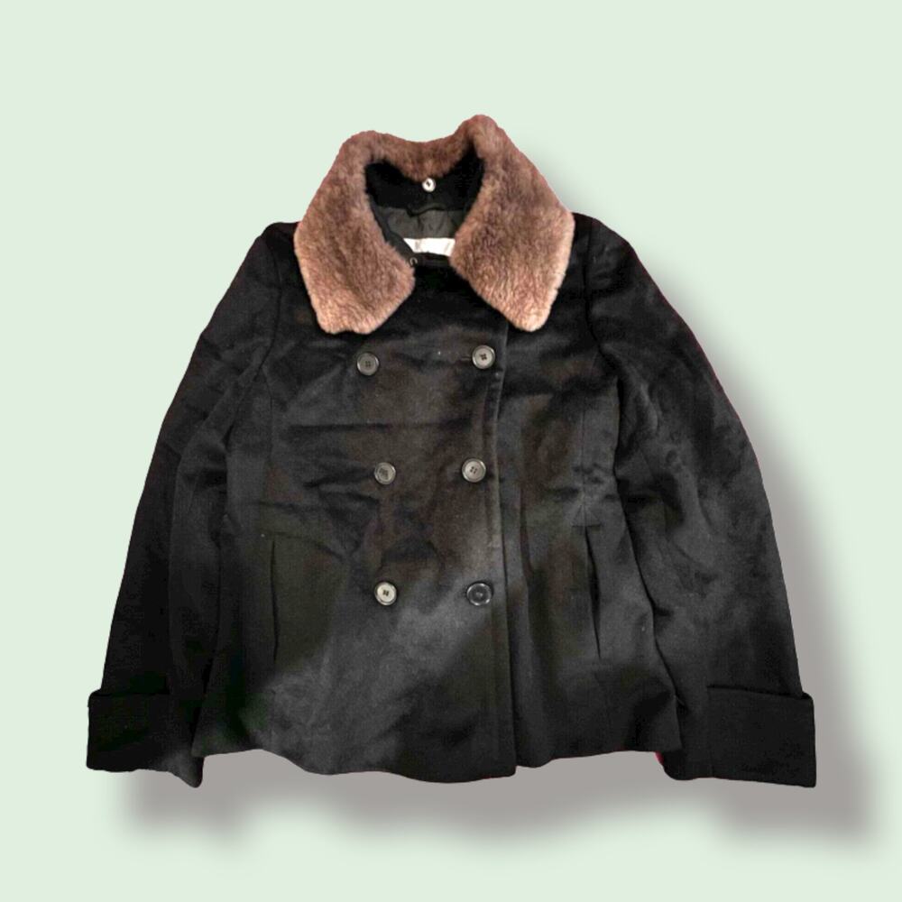Vintage MaxMara Black Camel Hair Coat with Detachable Fur Collar Size; 10